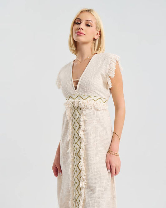Beige Long Dress Short Sleeves Open Back Cotton