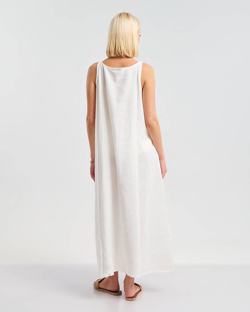 White Long Dress Brown Details Cotton