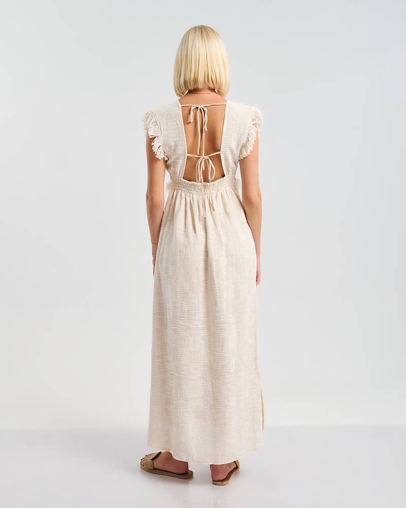 Beige Long Dress Short Sleeves Open Back Cotton