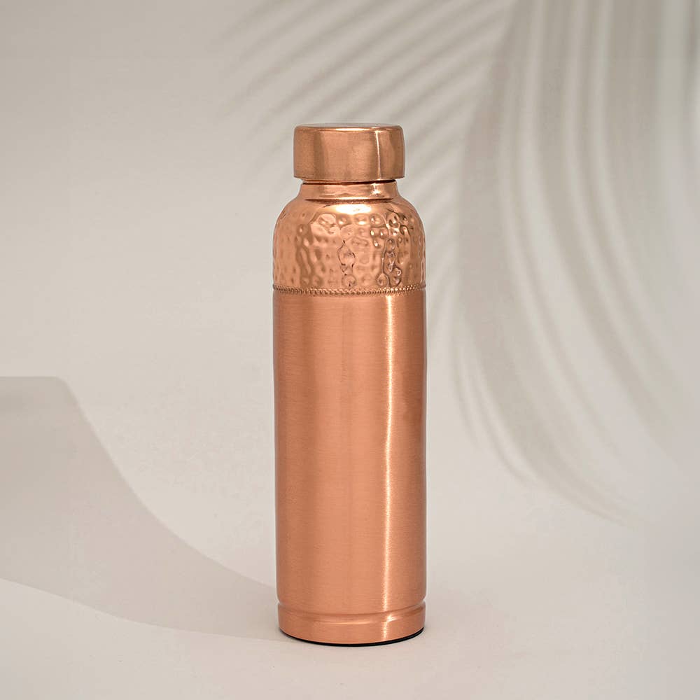 Pure Copper Water Bottle with Hammered Top Trim