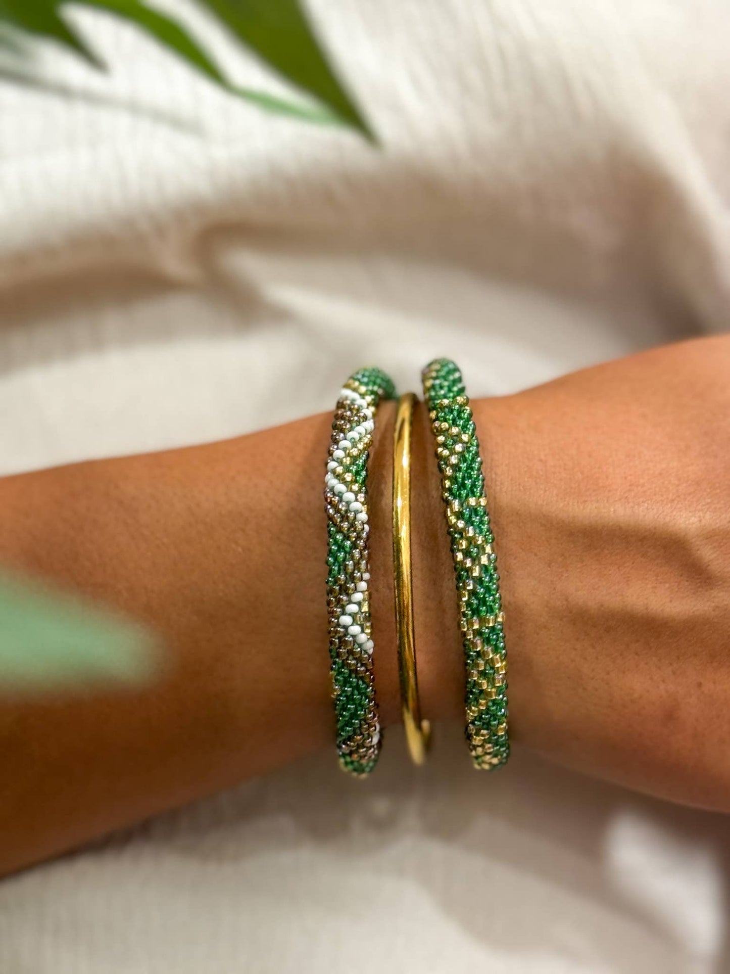 Handcrafted Green and Gold Beaded Bracelet