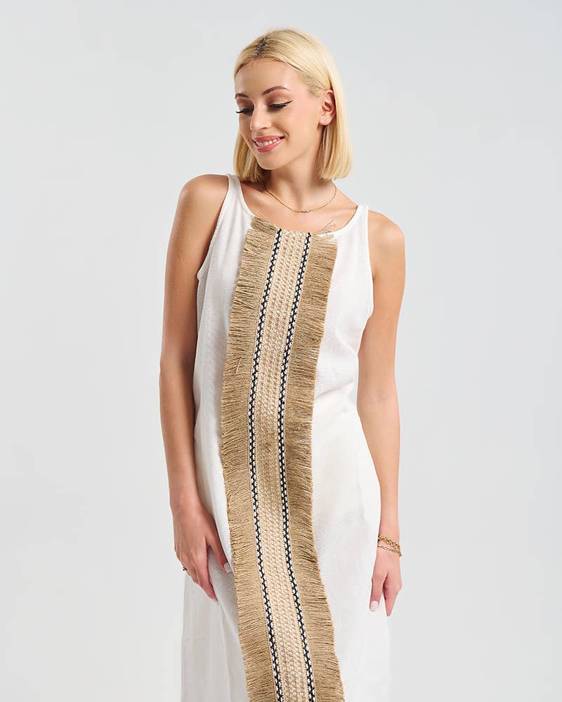 White Long Dress Brown Details Cotton