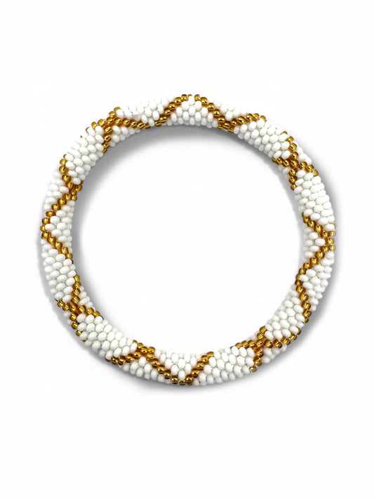 Handcrafted Twisted White & Gold Beaded Bracelet