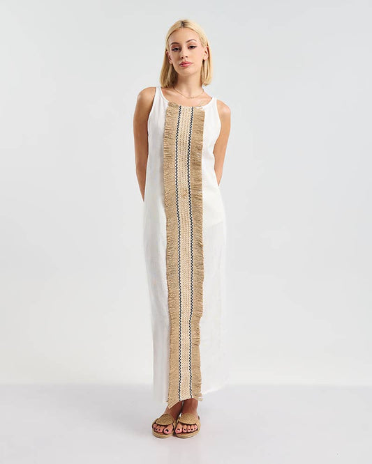 White Long Dress Brown Details Cotton
