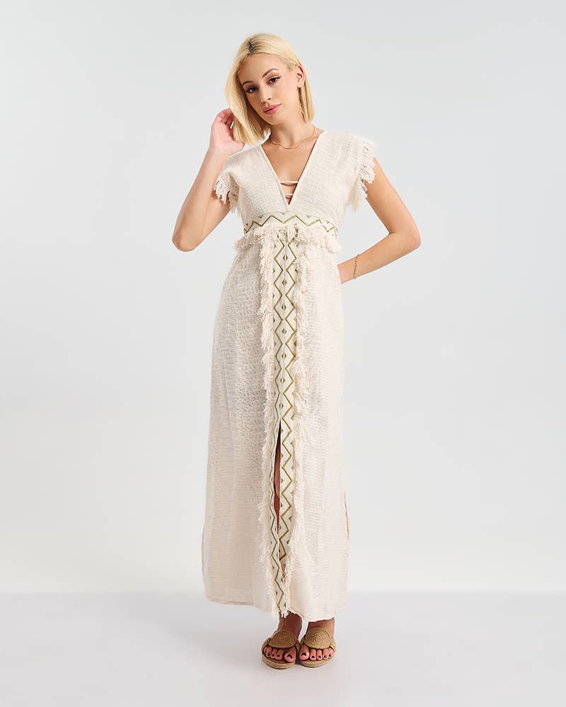 Beige Long Dress Short Sleeves Open Back Cotton