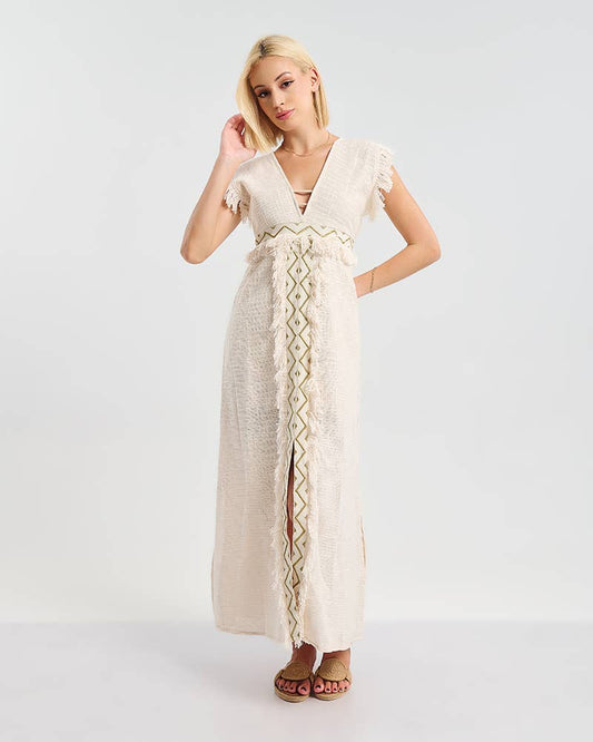 Beige Long Dress Short Sleeves Open Back Cotton