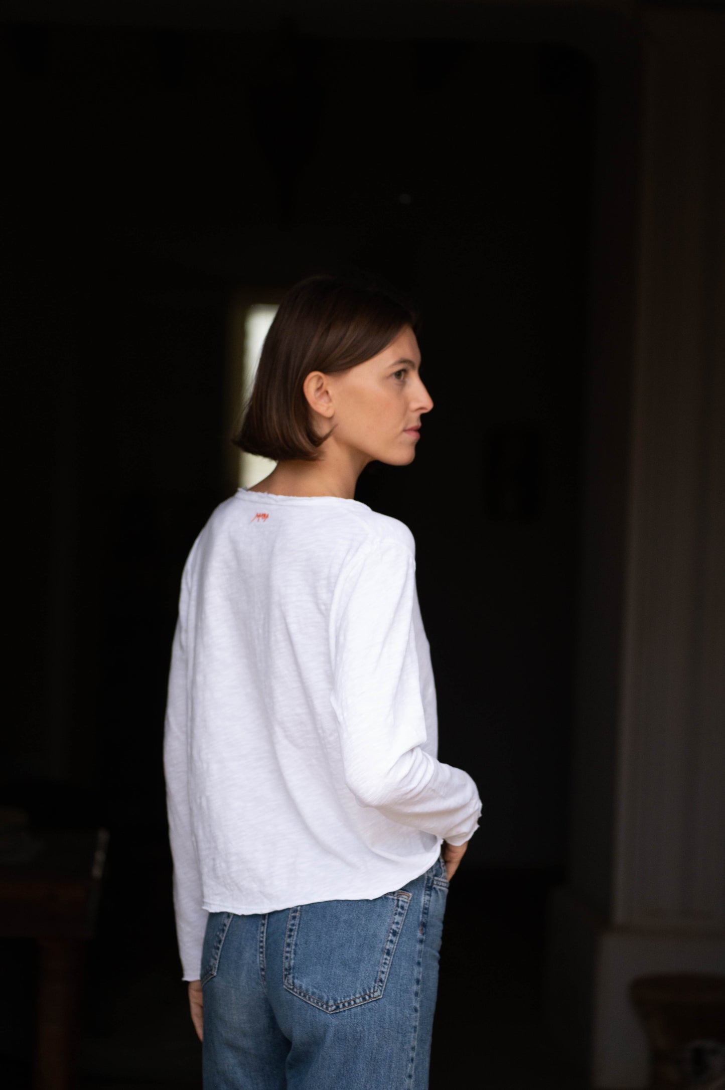 White V-Neck Longsleeve Top by Mara