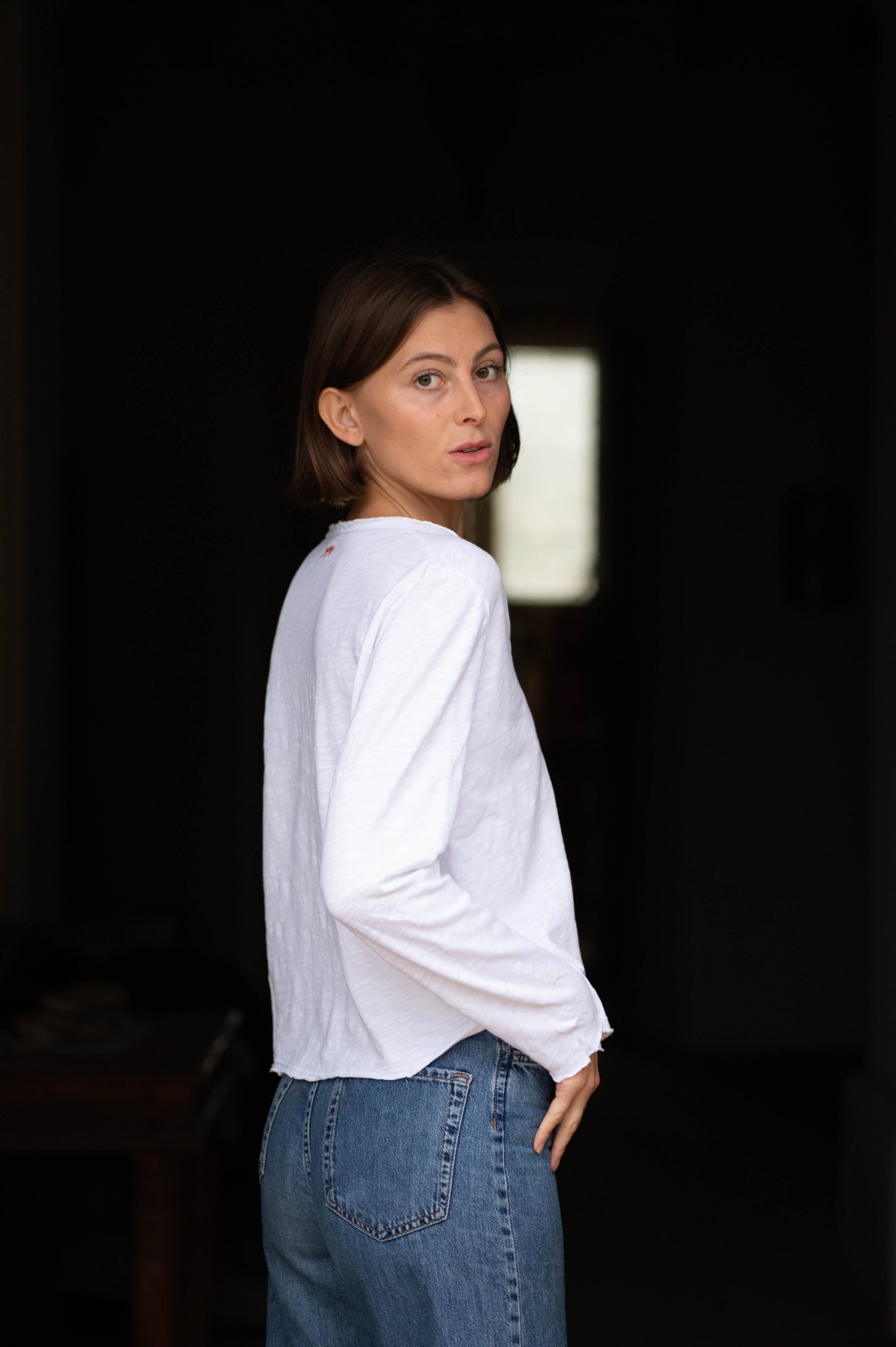 White V-Neck Longsleeve Top by Mara