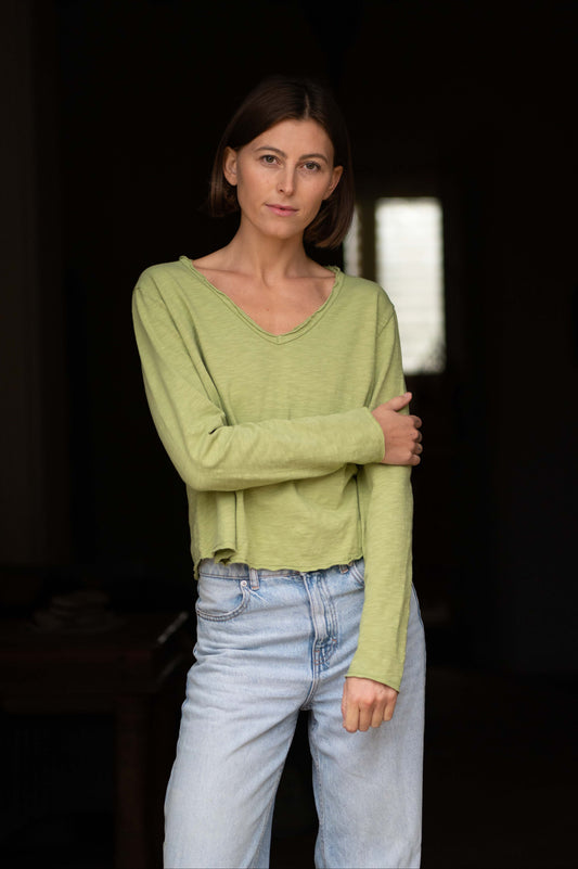 Green V-Neck Longsleeve Top by Mara