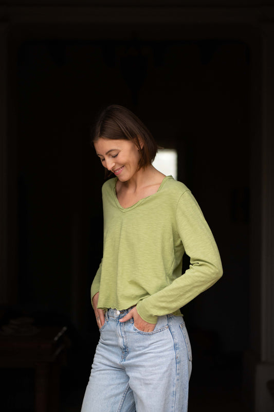 Green V-Neck Longsleeve Top by Mara