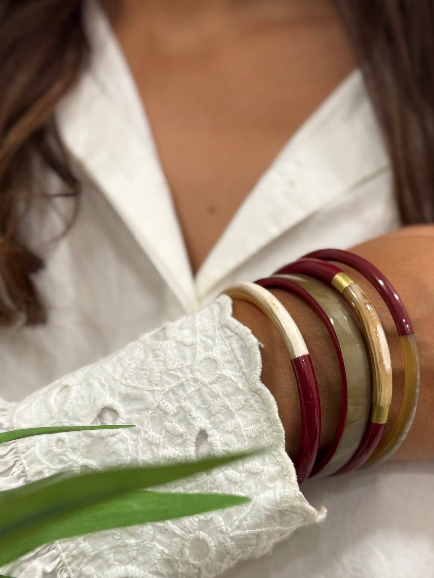 Handmade Buffalo Horn Bangle - Brown, Bordeaux & Gold